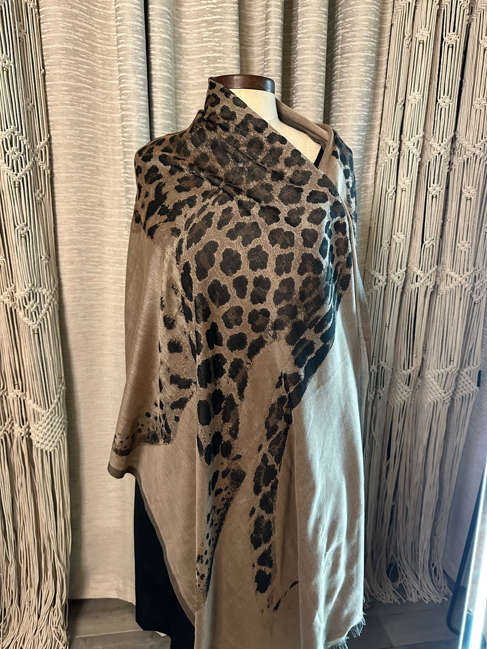 Oversized Leopard Jaguar Animal Print Wrap Shawl Scarf Reversible Neutral Luxe